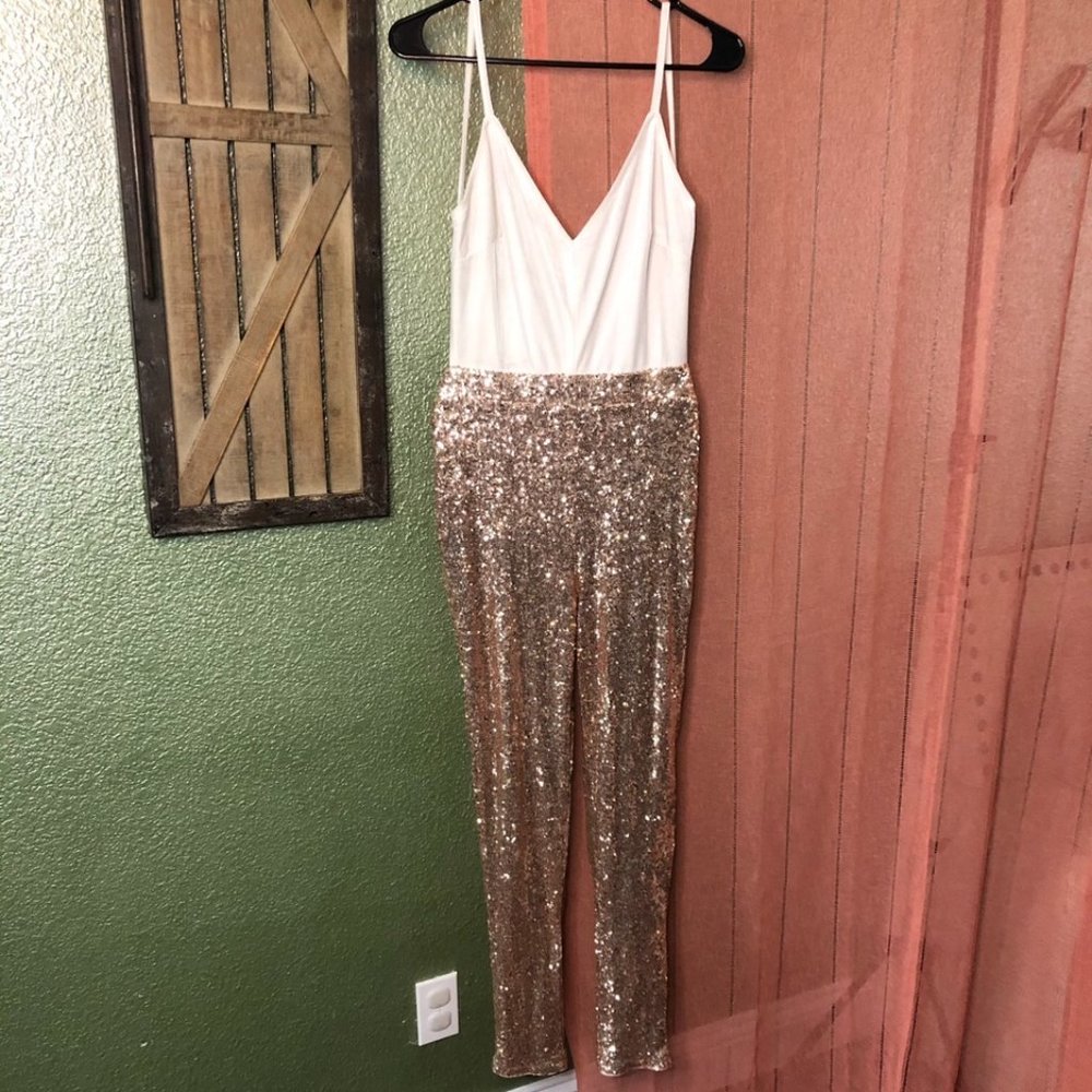 Forever 21 rose gold sequin backless jumpsuit